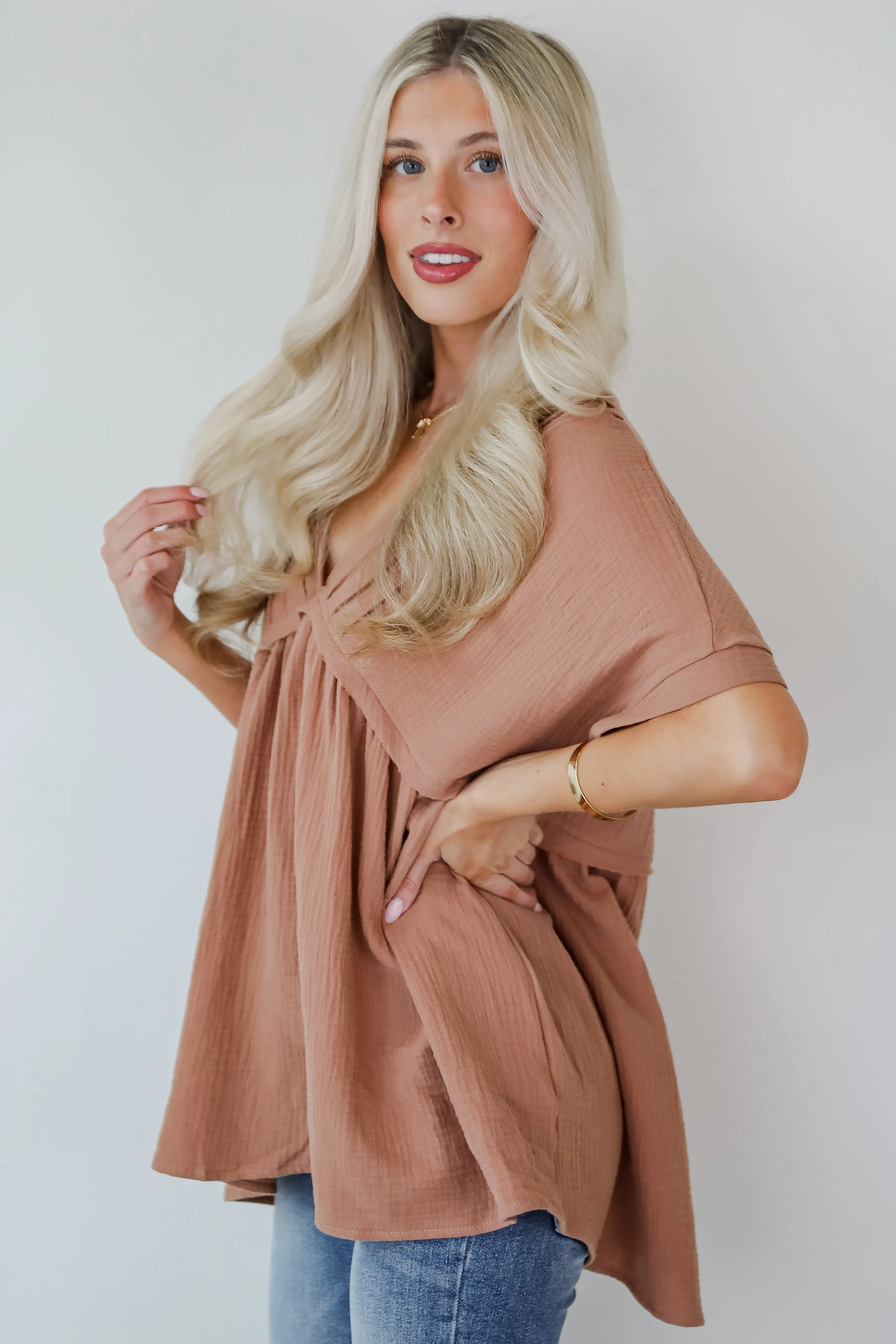 Adorably Playful Mocha Linen Babydoll Blouse