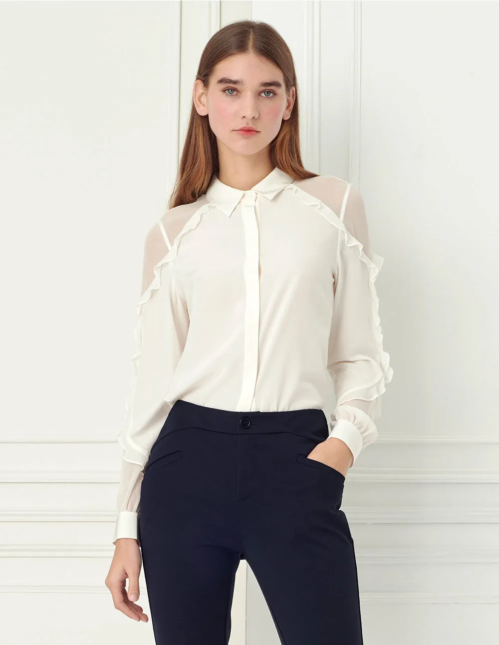 BORA AKSU sheer shoulder with ruffled blouse