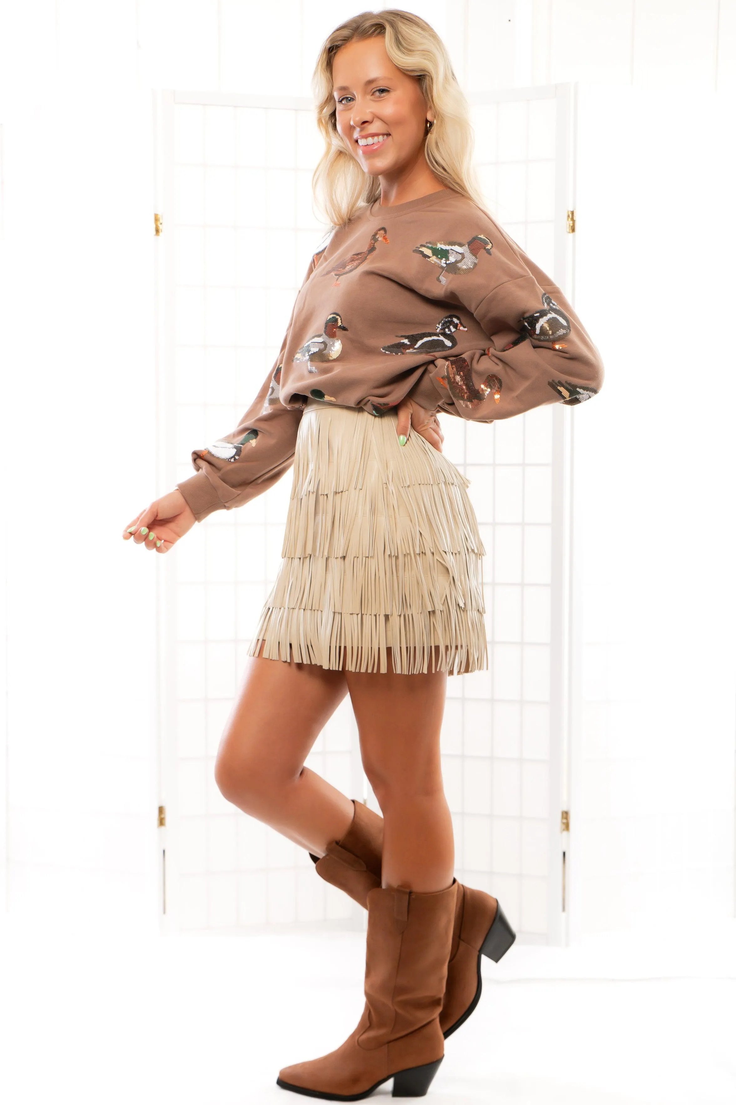Brielle Taupe Leather Fringe Mini Skirt