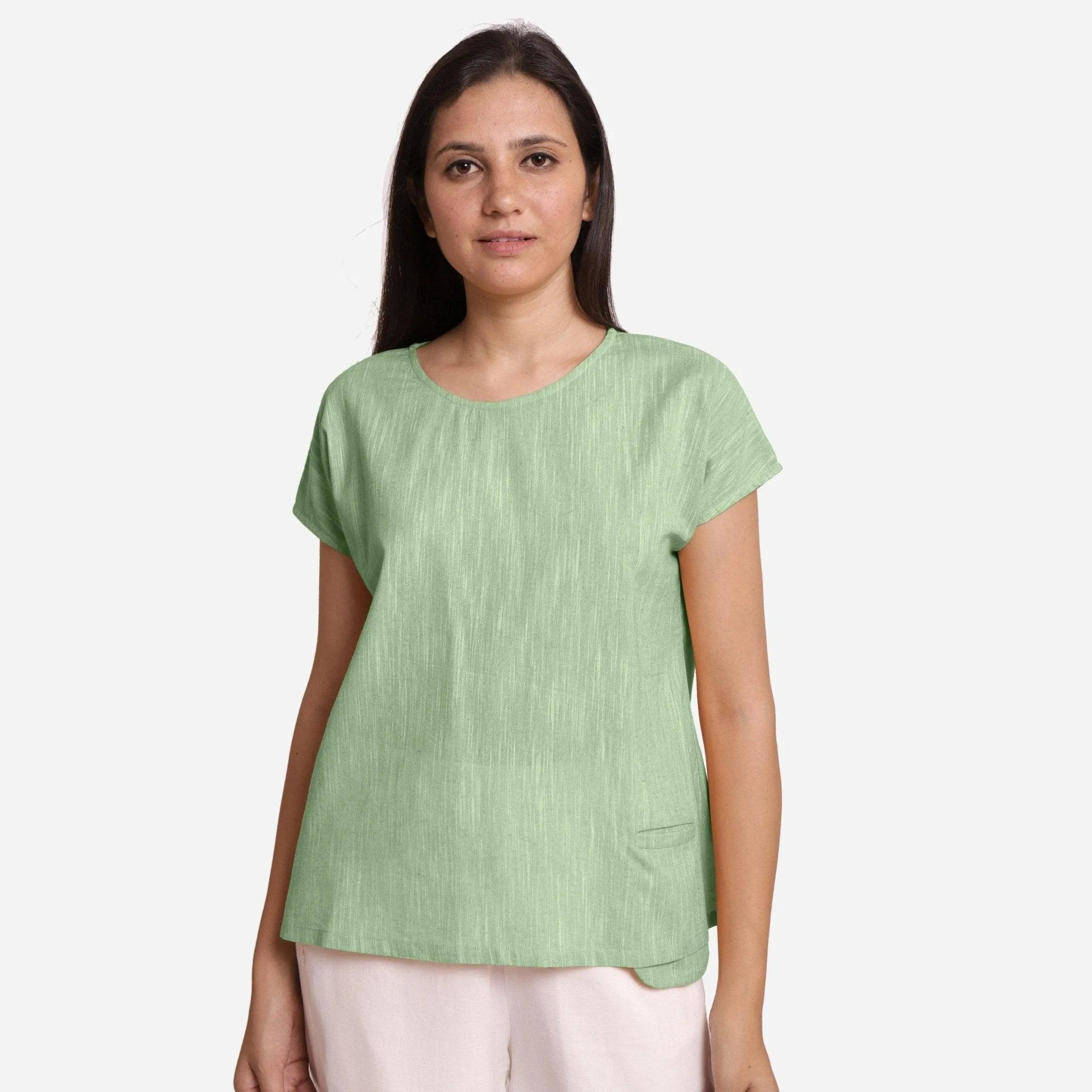 Green Yarn Dyed Cotton Boat Neck A-Line Top