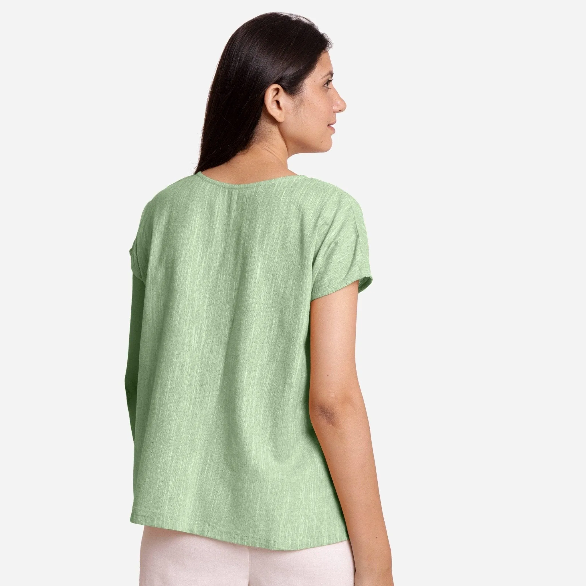 Green Yarn Dyed Cotton Boat Neck A-Line Top
