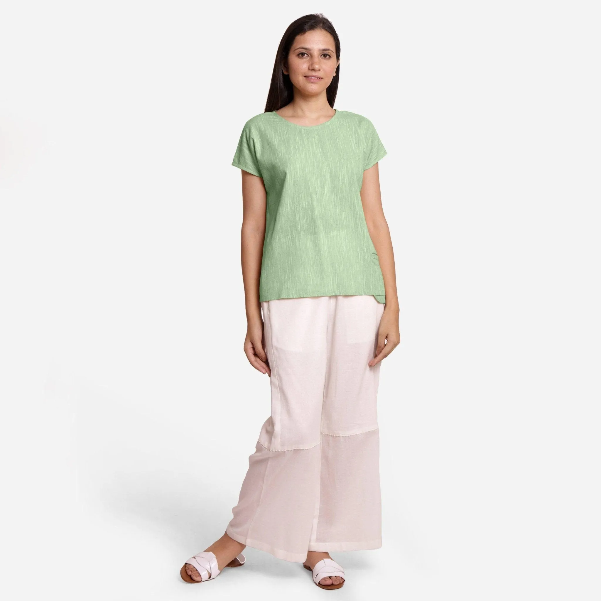 Green Yarn Dyed Cotton Boat Neck A-Line Top