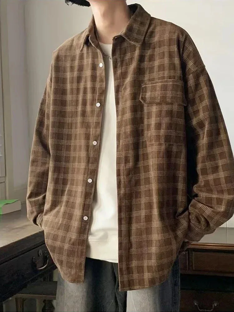 Riolio Autumn Plaid Corduroy Men Shirts New Y2K Streetwear Workwear Blouses Retro Long Sleeve Cargo Shirt Loose Casual Tops