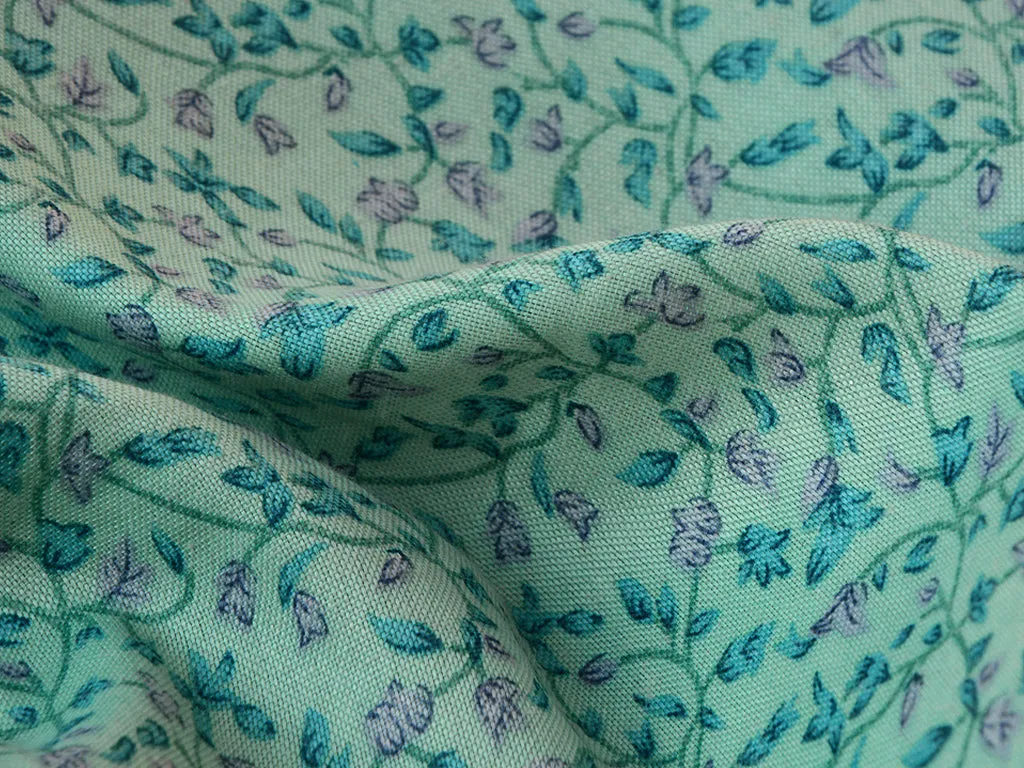 Turquoise Green Floral Digital Printed Slub Cotton Fabric