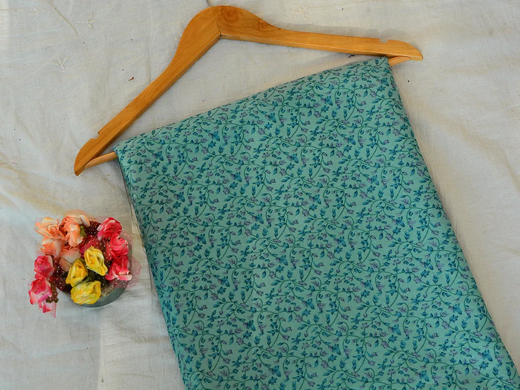 Turquoise Green Floral Digital Printed Slub Cotton Fabric