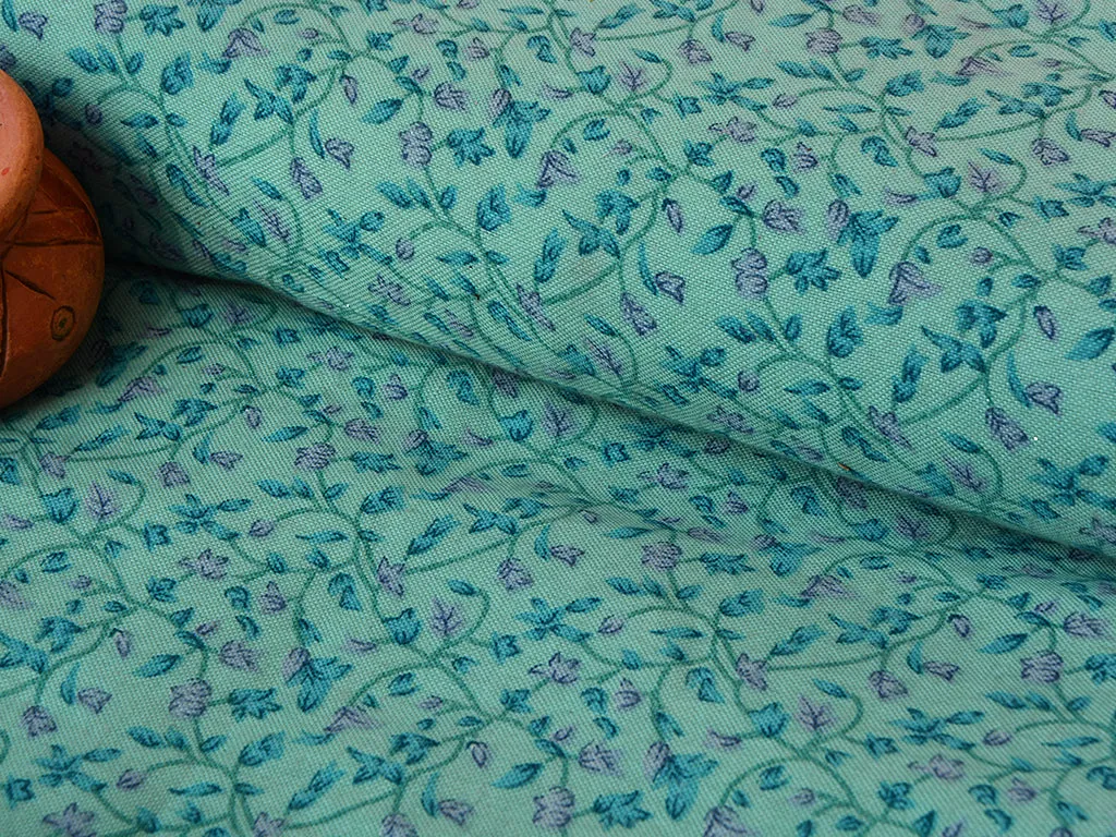Turquoise Green Floral Digital Printed Slub Cotton Fabric
