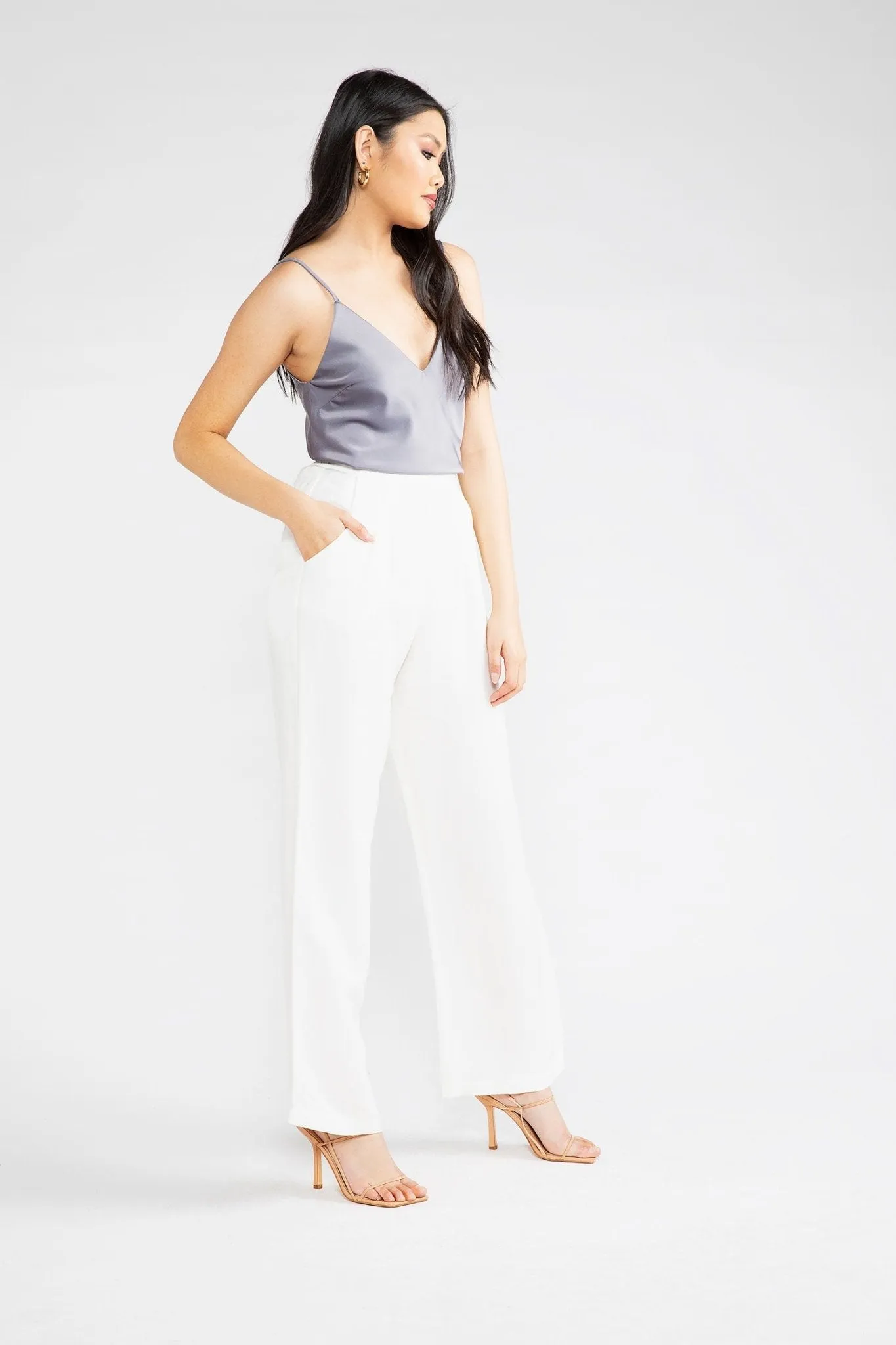 White Cupro Sade Pleated Front Trouser