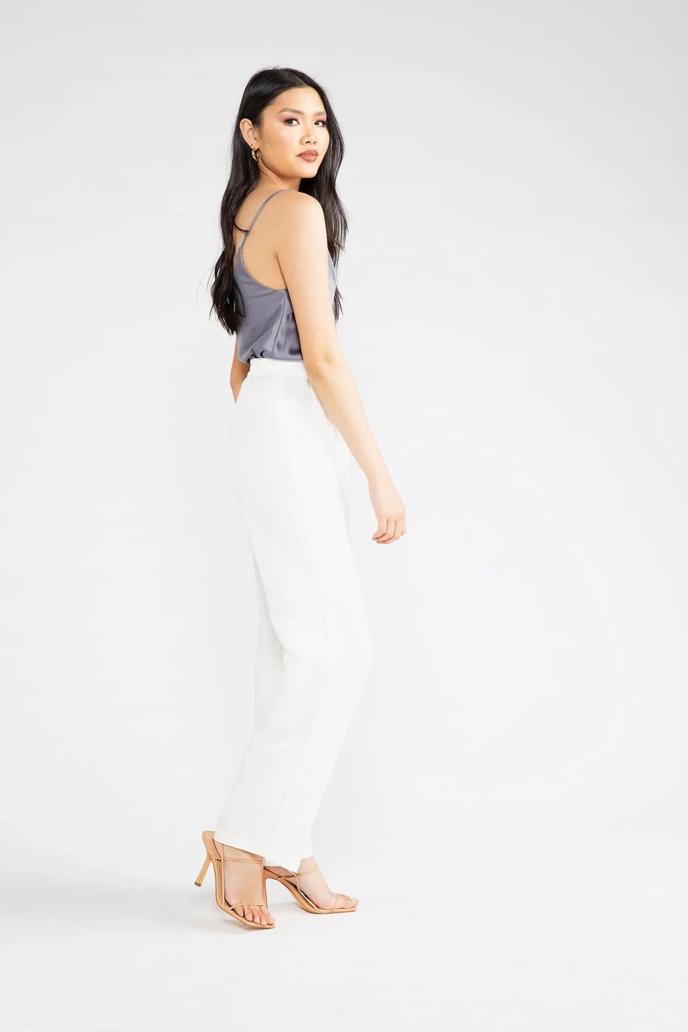 White Cupro Sade Pleated Front Trouser