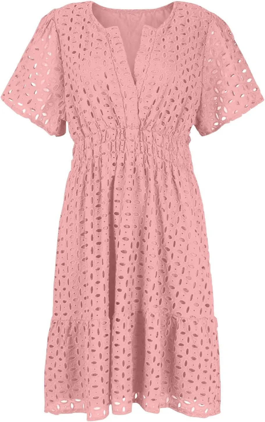 Womens Summer V Neck Short Sleeve Short Dress Casual A Line Hollow Out Lace Ruffle Beach Party Dresses