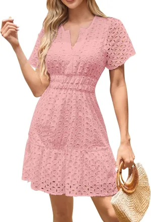 Womens Summer V Neck Short Sleeve Short Dress Casual A Line Hollow Out Lace Ruffle Beach Party Dresses